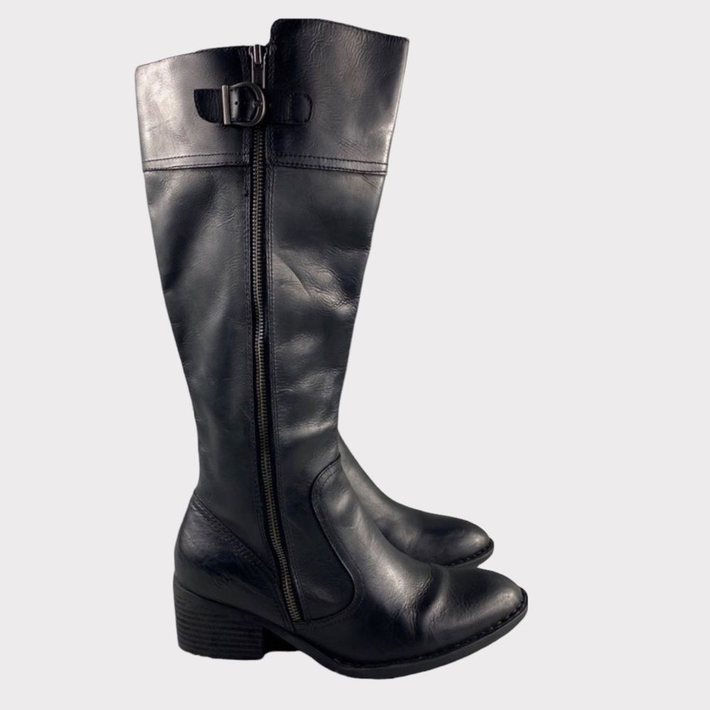 Born Fannar Riding Boots Leather Zipper Tall Shoes Womens 9.5 Buckle Black